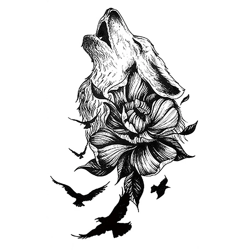 Black Large Snake Flower Tattoo Stickers Water Transfer Fake Tattoo Women Girl Wolf Rose Peony Leg Body Art Temporary Tattoos