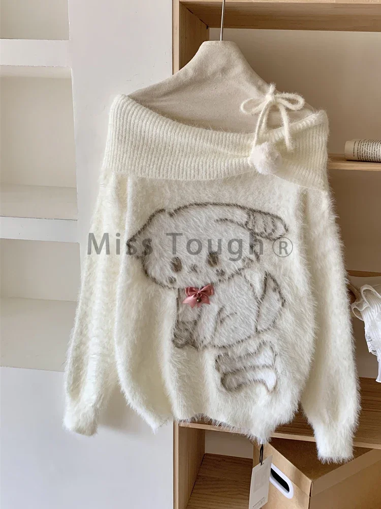 Fall Winter Women Sweet Korean Girl Slash Neck Cuddly Sweater Long Sleeve Pullovers 2000s Aesthetic Mori Girl Cozy Cute Core 2