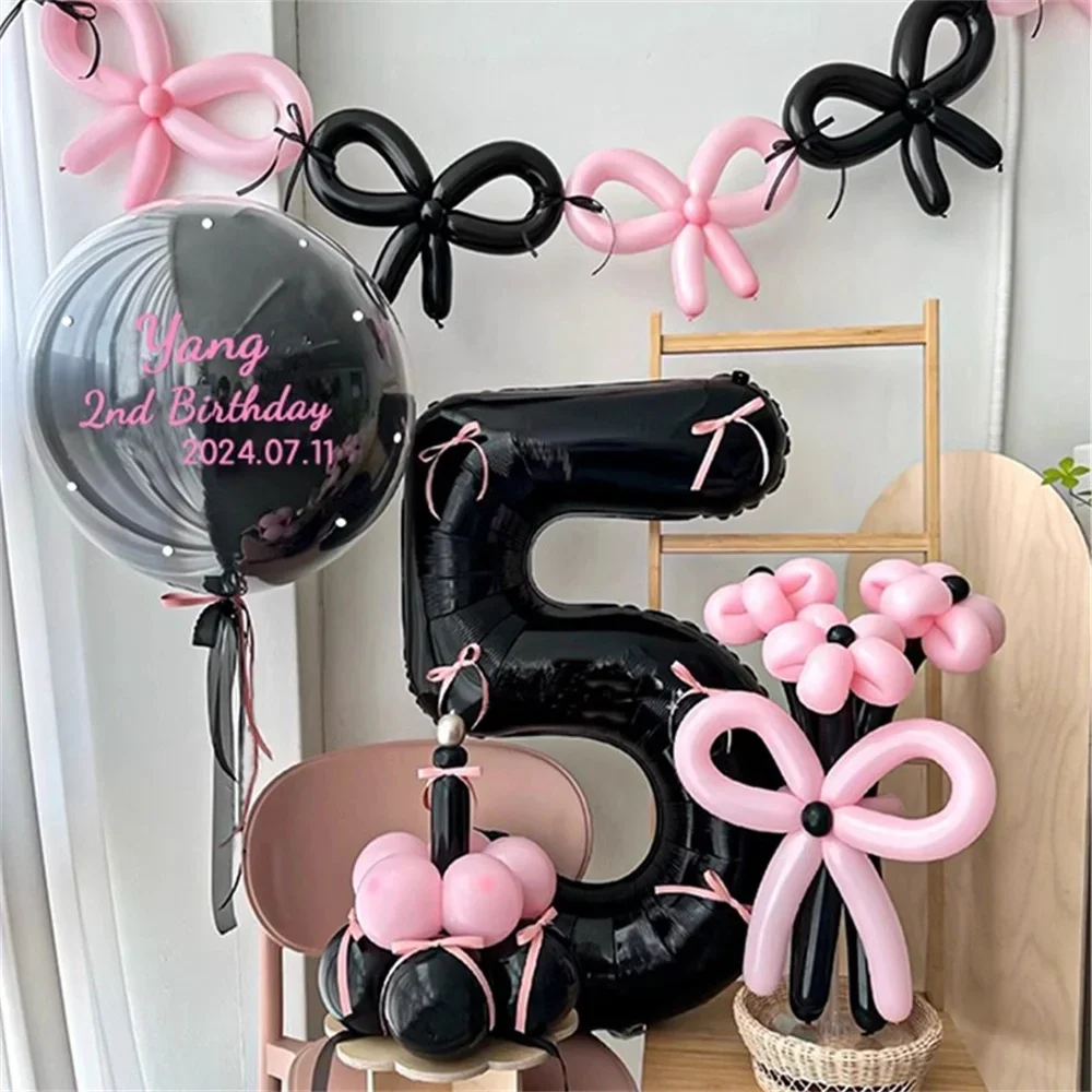 45 Pieces Pink Latex Balloon Black Number Balloon Set for Girls Pink Butterfly Birthday Party Anniversary Decoration (0-9)