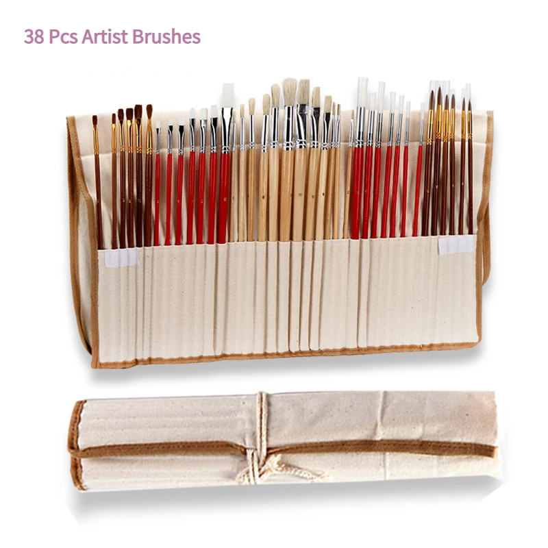 38PcsArtistPaintBrushesWithCanvasBagCaseWoodenHandle