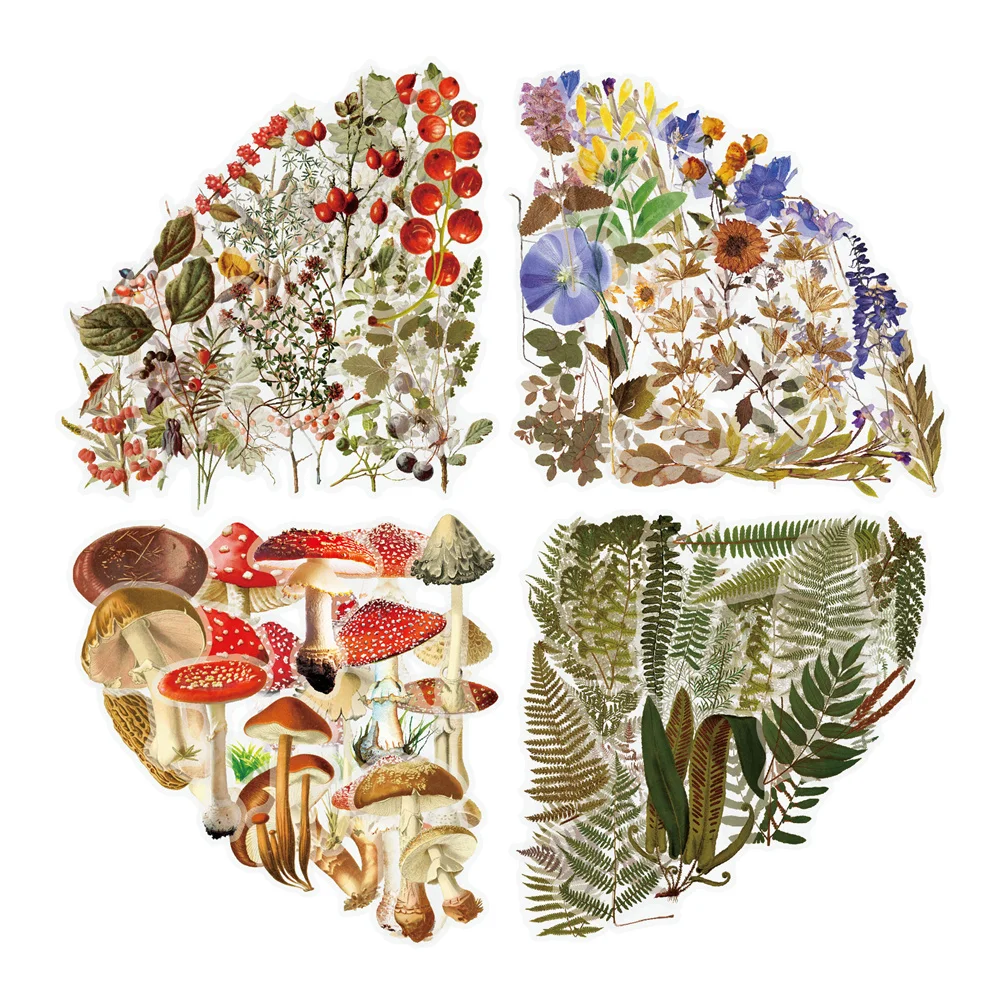 Transparent PET Vintage Plant Flowers Stickers For Scrapbook DIY Mushroom Sticker Craft 40pcs