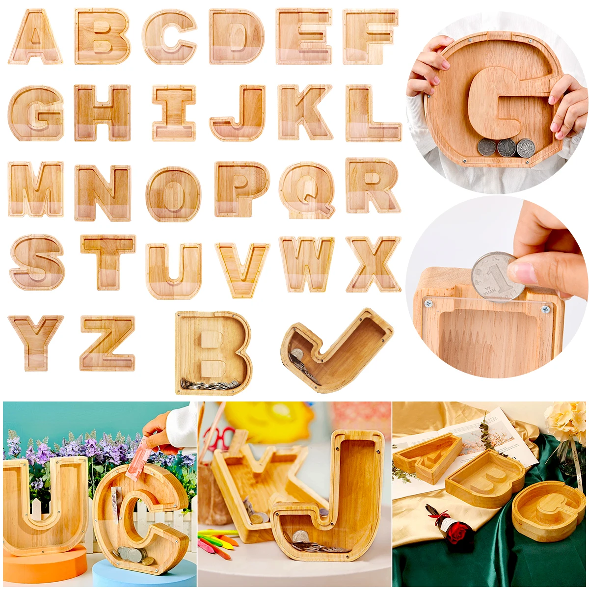 Wooden Letter Piggy Bank Personalized A-Z Alphabet Coin Storage Tank Large-Capacity Transparent Money Bank Gift for Boy Girl Kid