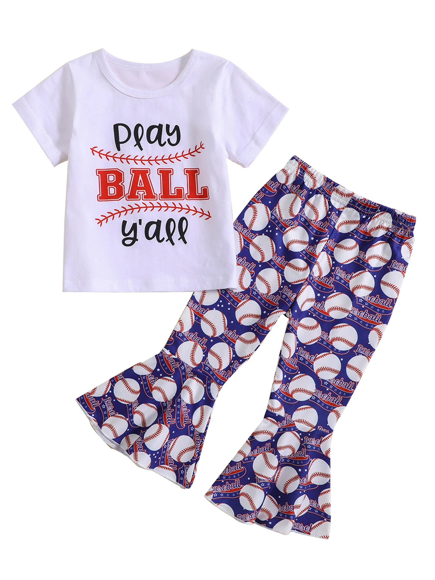 

Adorable 2-Piece Summer Set for Toddler Girls Short Sleeve T-shirt and Bell Bottom Flare Pants Baseball Outfit