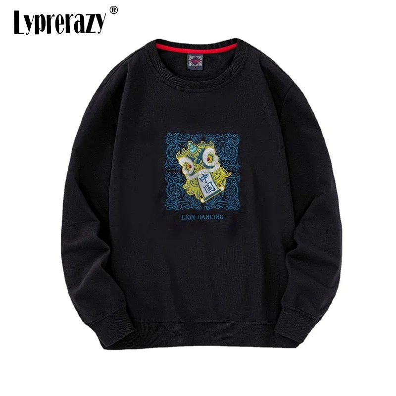 

Lyprerazy National Tide Embroidery Hoodies Chinese Style Awake Lion Embroidery Casual Round Neck Couple Pullovers