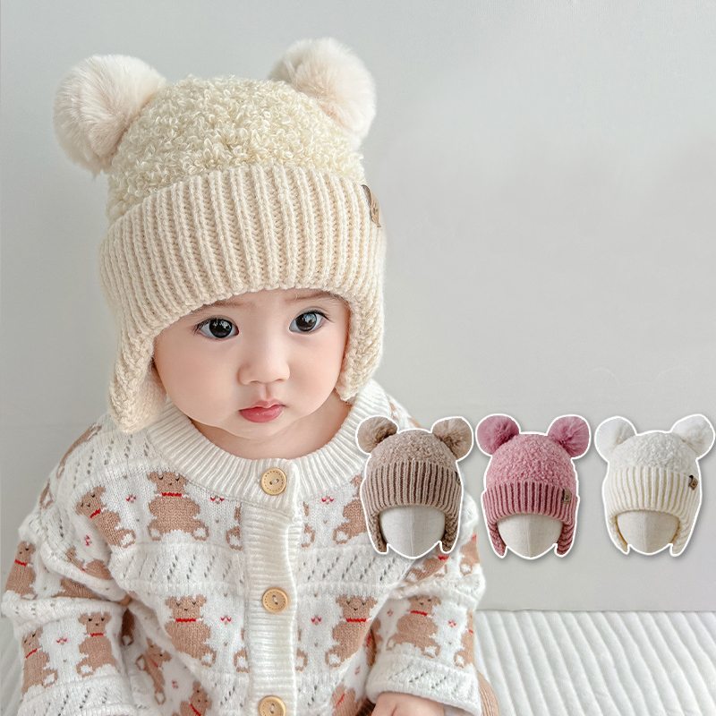 Cute Plush Ball Baby Earmuffs Cap Winter Warm Kids Ear Protection Hat Thicken Velvet Children Ski Bonnet 6-36M Toddler Beanies