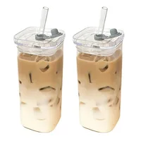 Tasse carrée en verre à café résistante à la chaleur, avec couvercle et paille, transparente, pour thé au lait, jus, tasse à café pour la maison, Bar, verres, 1 pièces 1