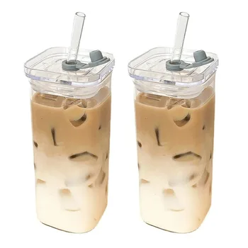1 pz quadrato resistente al calore tazza di vetro da caffè con coperchio e cannuccia trasparente tazze di succo di tè al latte tazza di caffè per bar di casa bicchieri 1