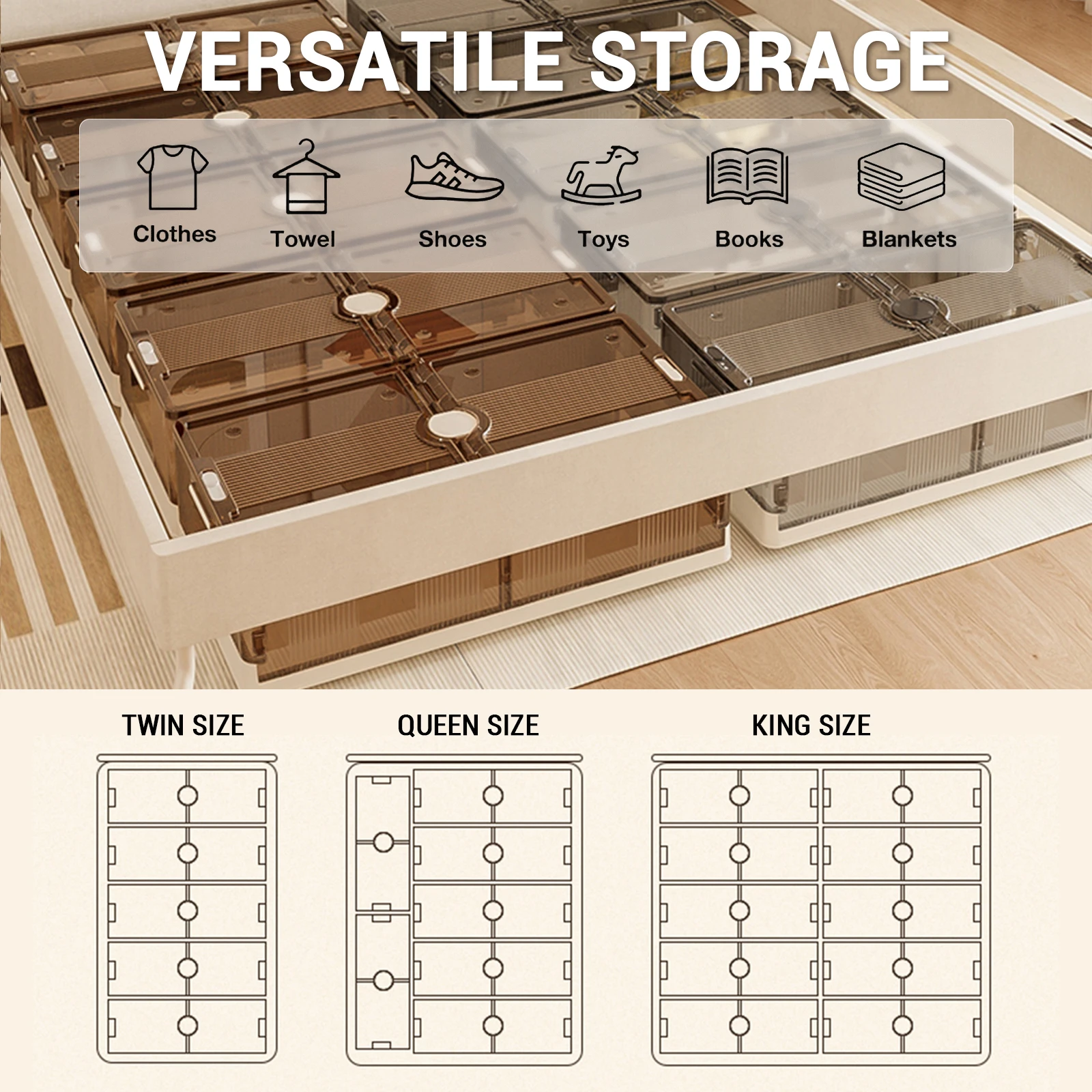 2Pcs Kunststoff Bett Unten Falten Lagerung Box Kunststoff Transparent Extra Große Roller Staubdicht Lagerung Box Spielzeug Kleidung Quilt box – Detail 3