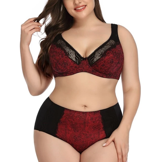 Sexy Print Red Plus Size Bra & Panty Sets (Women's)