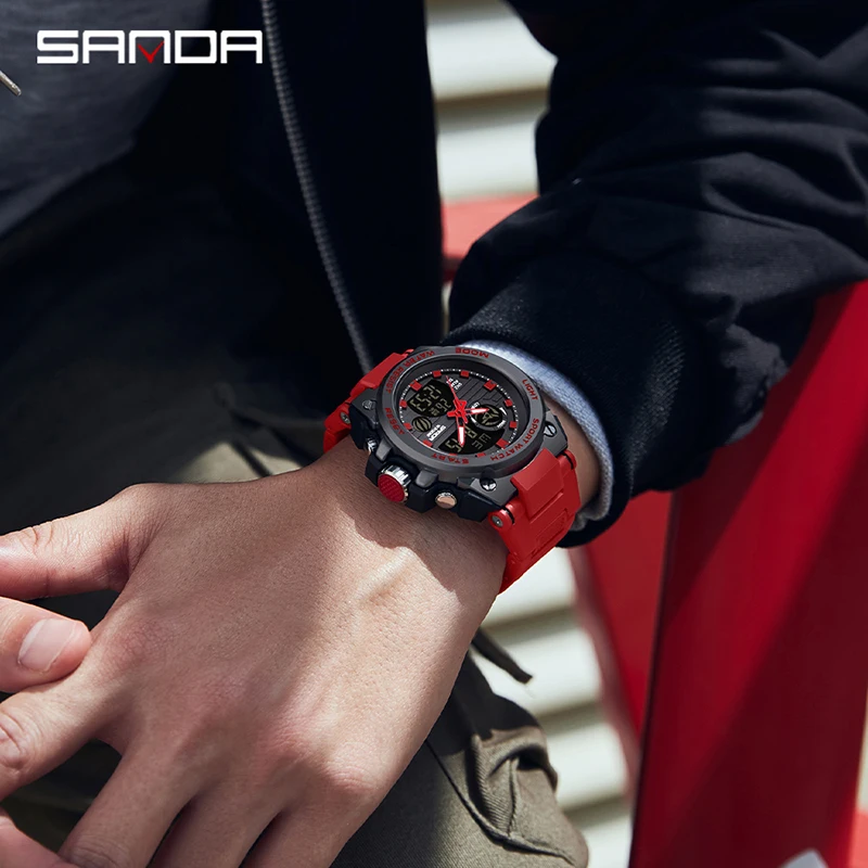 SANDA Luxury Brand Men Dual Display Watch Multifunction Sports Chronograph Watch Military Watches Luminous LED 50M Waterproof