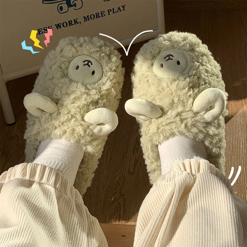 Cartoon Cute Cotton Slippers Autumn and Winter Indoor Home Couple Slippers Warm Faux Fur Slippers Girl Heart Shoes Winter