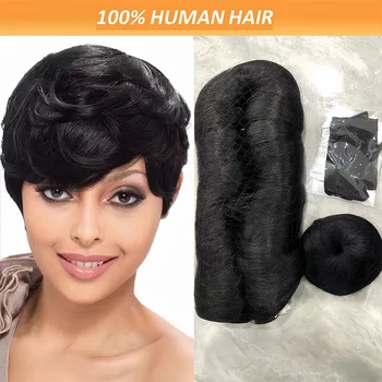 28PCS Brazilian Short Human Hair Extensions #1B One Pack For A Full Head 100% Human Hair Bundles With Free Closure Straight 1
