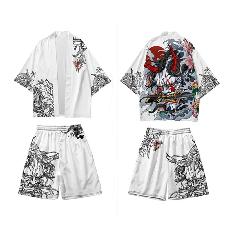 Large Size 5XL 6XL Japanese Kimono Cardigan Shorts Set Print Hannya Men Women Shirt Tradition Yukata Haori Obi Cosplay Costume