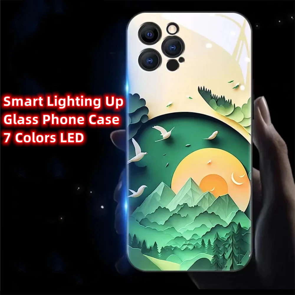 

Beautiful Green Hill Sound Control LED Flash Case Luminous Glass Cover For XiaoMi 11 12 13 Pro Poco F3 F4 F5 Pro 5G