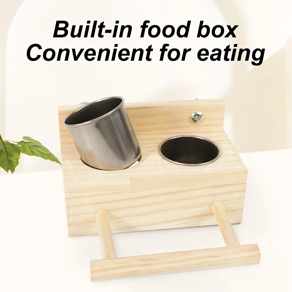 Wooden Pet Parrot Stand Perch Box Toy Bird Feeder Cups with Stainless Steel Double Dispensers & Cage Clip for Parakeets Gerbils