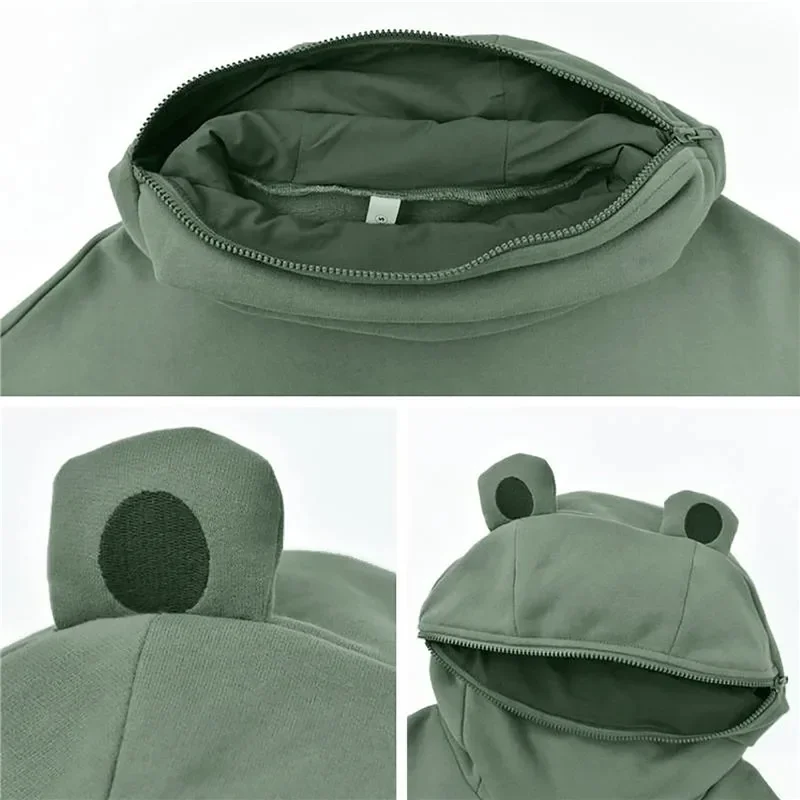 Women Long Sleeve Doll Top Kawaii Funny Pullover Streetwear Frog Hoodie Harajuku Oversize Zipper Pocket Mouth Sweatshirt Clothes