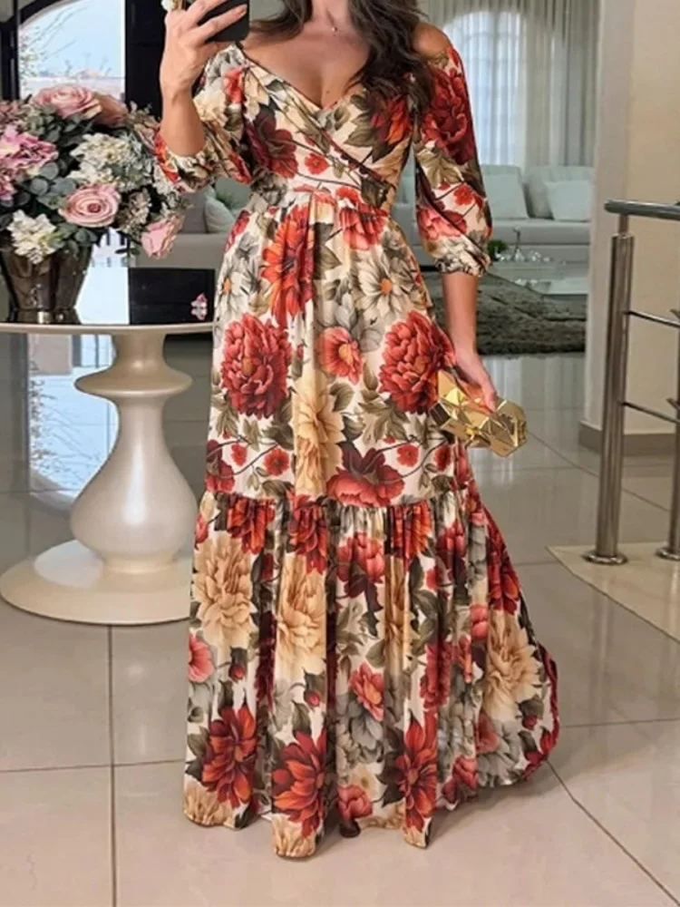 Wmstar 2025 New Women Fashionable Elegant Dress Floral Tie-up V-neck Long Dress Five Parts Sleeve  A Line Long Dress