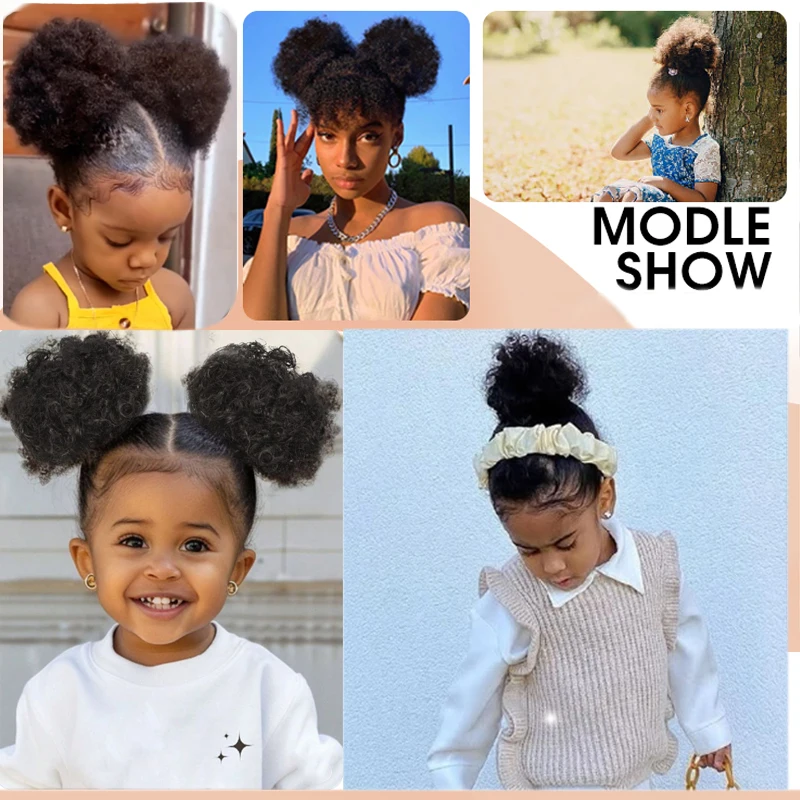 LUPU Kid's Summer 2 Packs Kid Ponytail Double Afro Puffs Kinky Curly Hair Bun For Baby Age 0-2 Natural Black Synthetic Hair