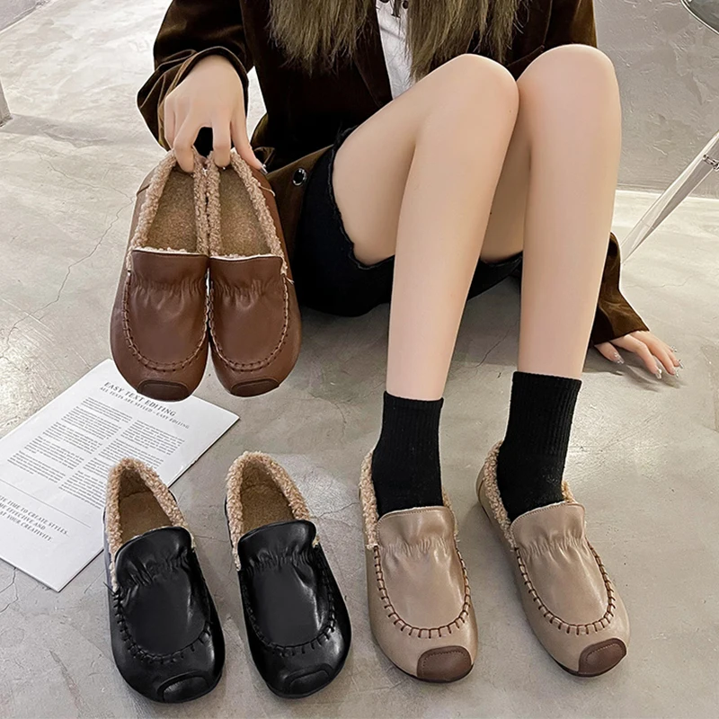 

Туфли женские для вождения, повседневные кроссовки, без застежки, лоферы, мех, круглый носок, без застежки, универсальные, Зимние Мокасины, большие размеры