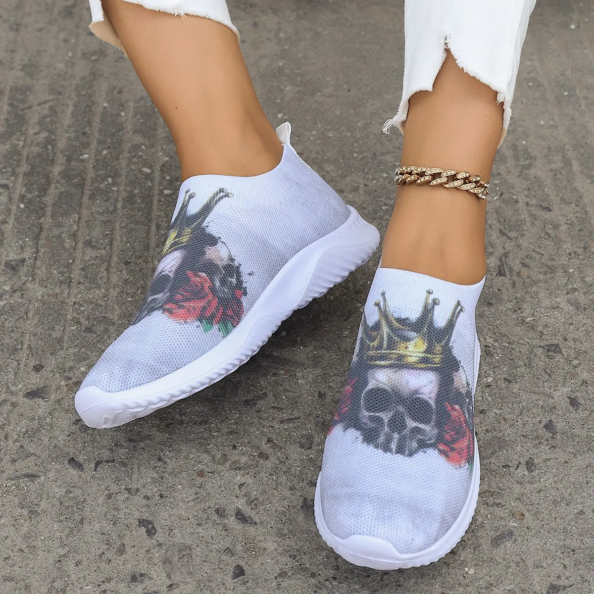 Women's Loafers Fashion Print Slip on Square Heels Round Toe Breathable Lazy Mesh Shoes Spring Autumn Daily Ladies Shoes