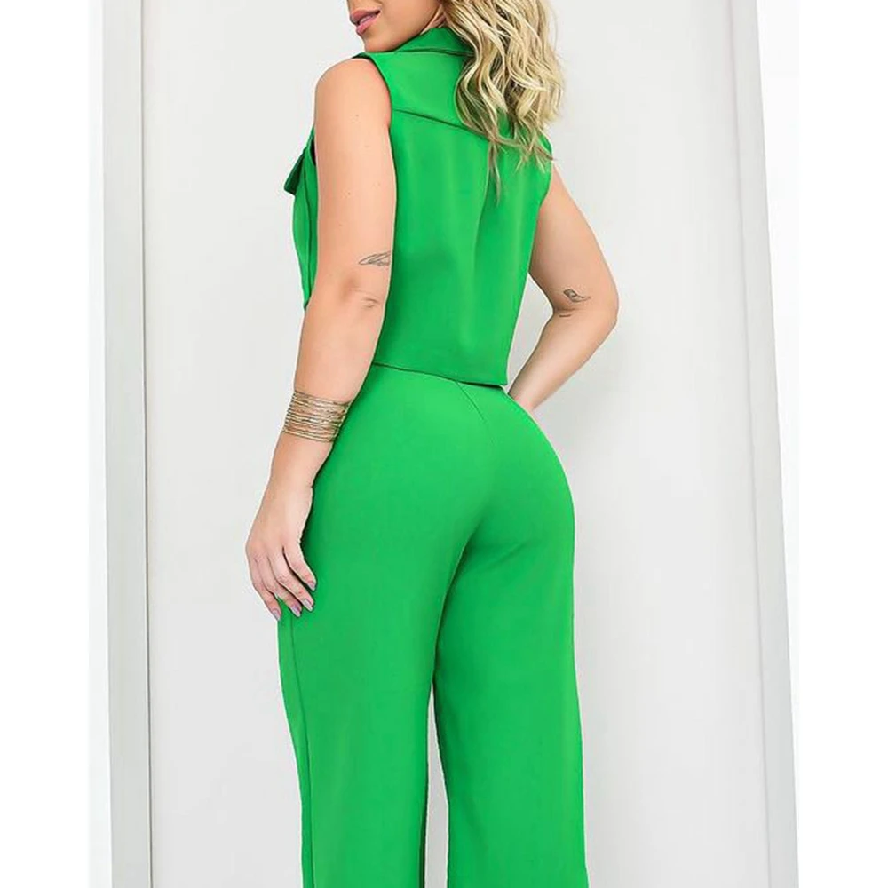 Casual Summer Women Korean Style Buttoned Pocket Design Vest Top & Straight Leg Pants Set Office Lady Two Pieces Set Workwear