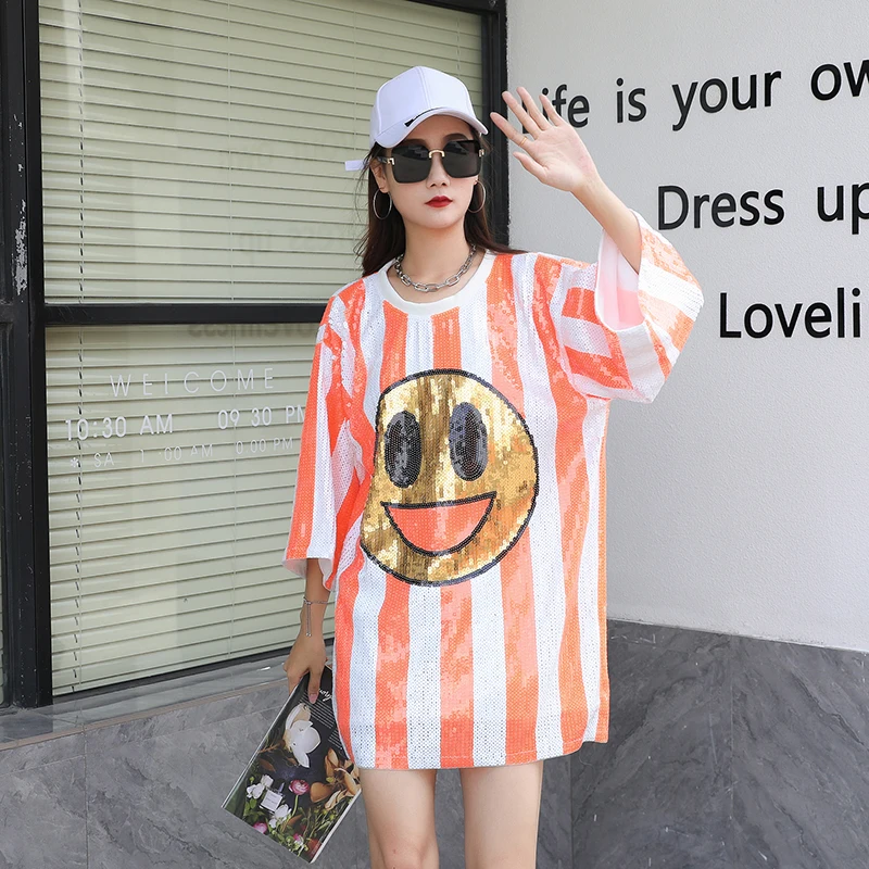 

Женская футболка в полоску, свободная дизайнерская футболка составного кроя с блестками, круглым вырезом и коротким рукавом, уличная одежда в стиле хип-хоп, лето