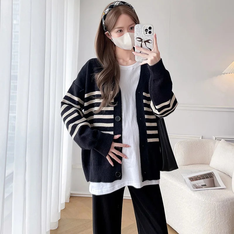 임산부 겨울옷 가디건 긴팔 두꺼운 면 플러스 사이즈 투피스 세트 (임신 후기용) 스트라이프 패턴
