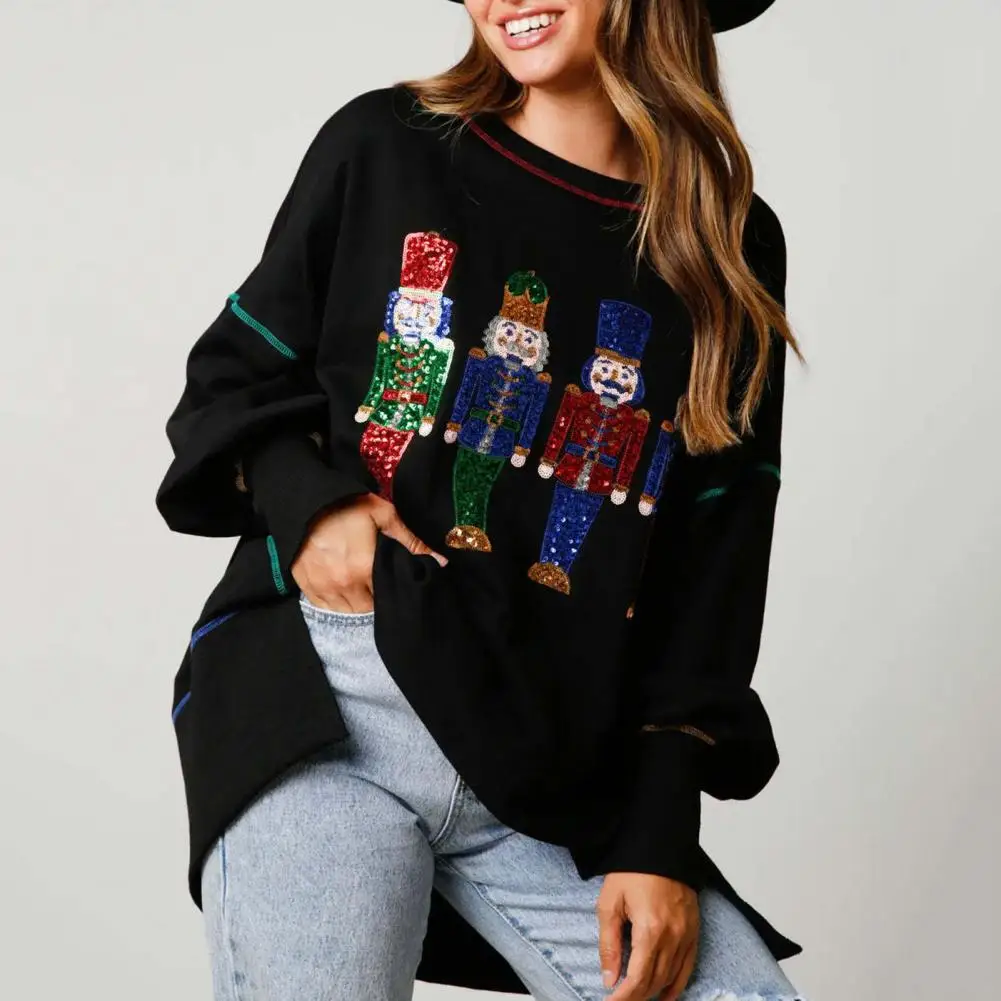liscn women s long sleeve plus velvet thick sweater autumn and winter trend new loose korean pullover round neck top Women's Autumn And Winter Sweatshirts Shiny Sequins Cartoon Embroidery Round Neck Long Sleeve Loose Pullover Christmas Top