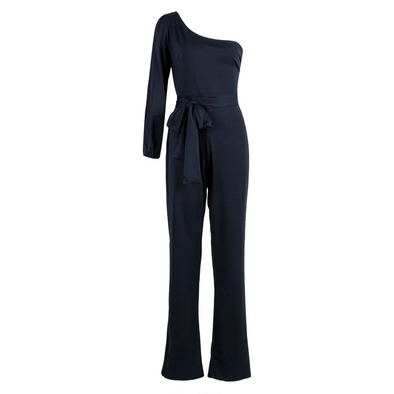 Women Wide Leg One Shoulder Jumpsuit 2024 Sexy Long Romper Female Party Clubwear Lace Up Bow Solid Color Jumpsuits Streetwear