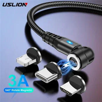 USLION 540 회전 마그네틱 케이블, 고속 충전 USB C 타입 케이블, 아이폰 샤오미 자석 충전기 마이크로 USB 데이터 라인, 3 in 1, 5A