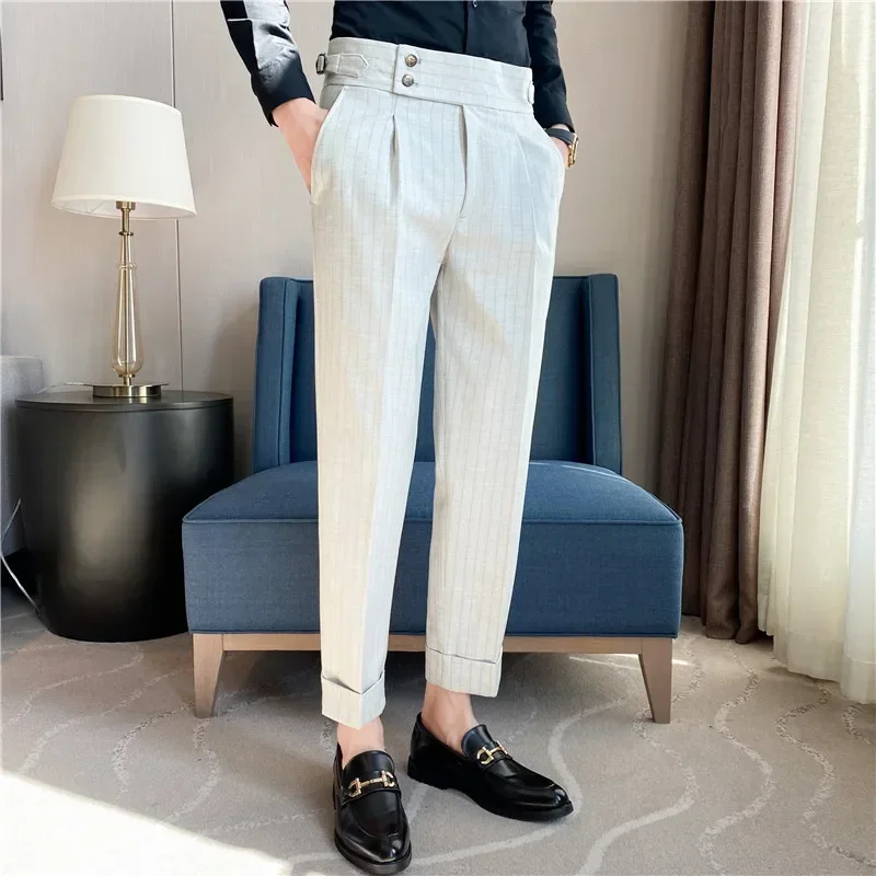 Mens Dress Suit Pants Striped Plaid British Style High Waist Casual Belt Design Slim Trousers Formal Office Social Wedding Party business pants,suit pants,men pants