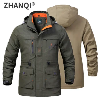 남성용 플러시 하이킹 코트, 야외 양털 후드 멀티 포켓 전술 방풍 따뜻한 겨울 캠핑 스키 카고 낚시 재킷, 5XL