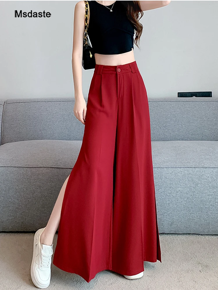 

Wide Leg Pants Women Summer High Waist Slip Loose Lady Trousers Pantalones Mujer Casual Full Length Chiffon Flare Pants Woman