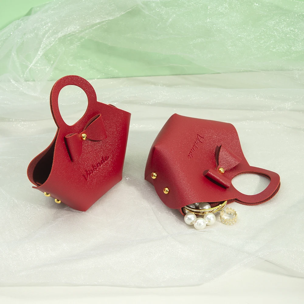 Red PU Leather Christmas Gift Bag Wedding Candy Storage Jewelry Handbag Cosmetics Bowknot Buckle Party Banquet Decoration Pouch