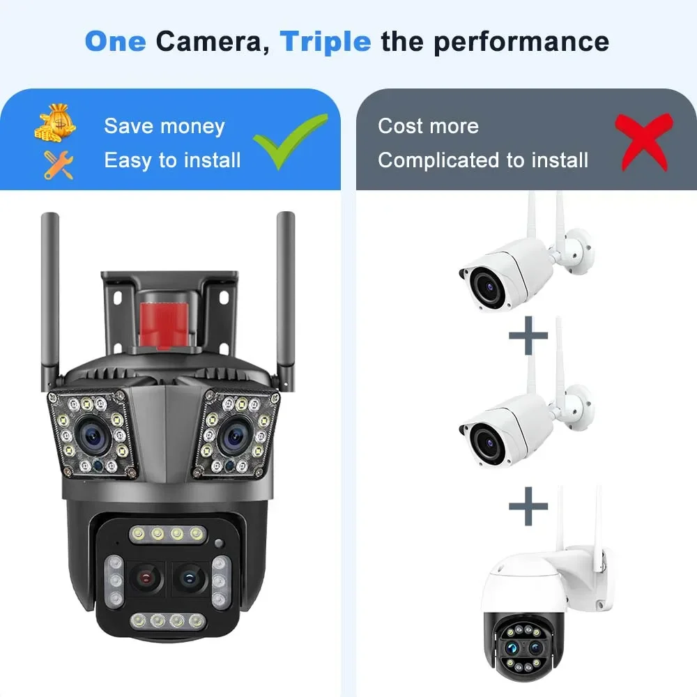 야외 무선 감시 카메라, 16MP 8K 와이파이 IP 카메라, 12X 줌, 4 렌즈 PTZ 보안 캠, 자동 추적 3 화면 비디오