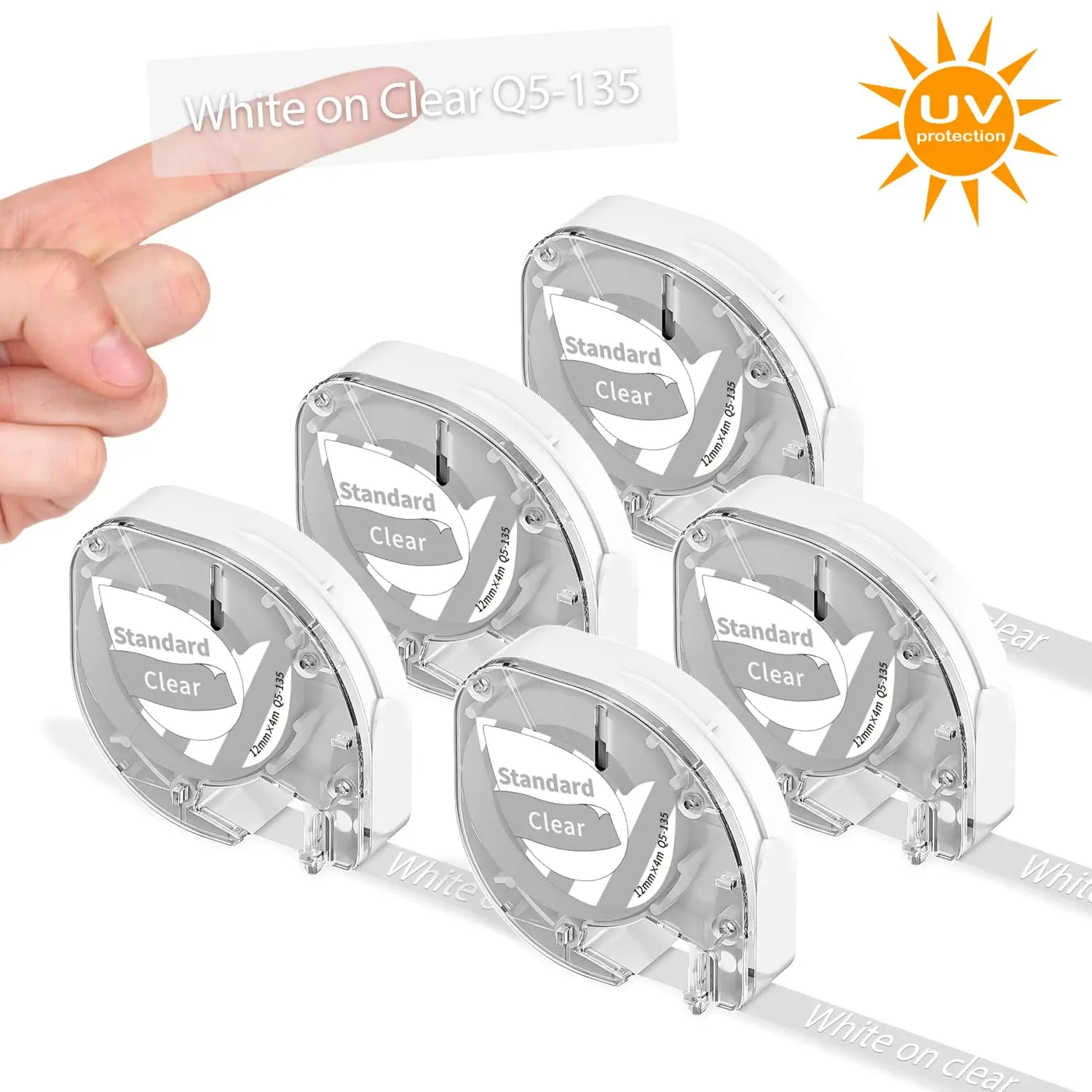 1-5packs for Phomemo P12 P12-Pro Label Maker Label Tape 12mmx4m Q5-135 White on Clear Labels Compatible Dymo Label Maker Refills