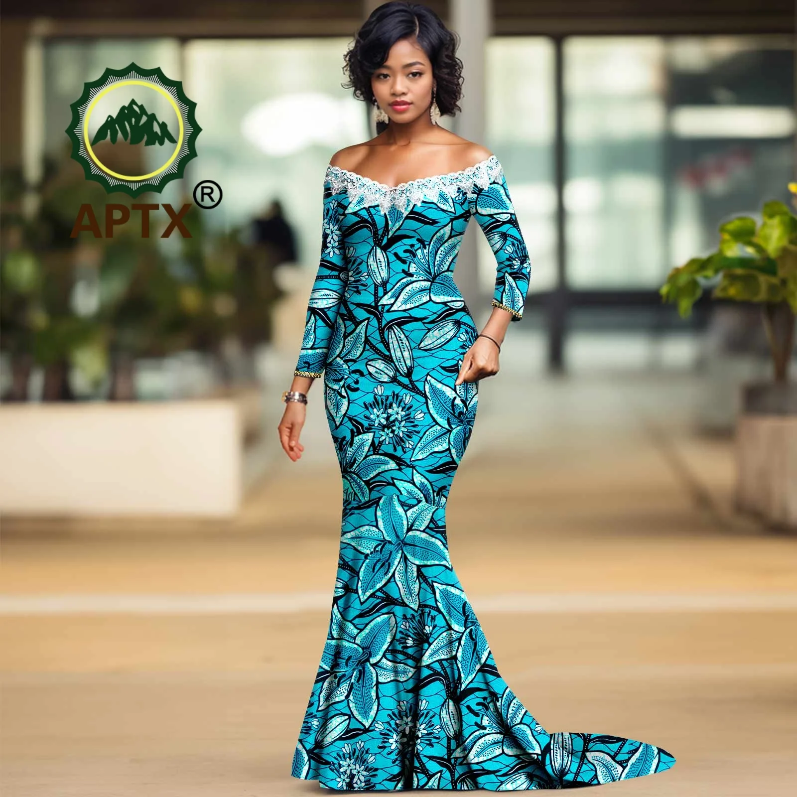 African Dresses for Woman Ankara Long Sleeve Slash Neck Lace