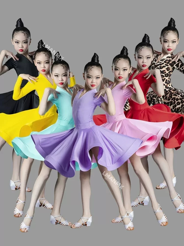 

Children's Latin Dance Costume for Professional Competition; Girls' Large Swing Dress; New Children's Latin Training Performance