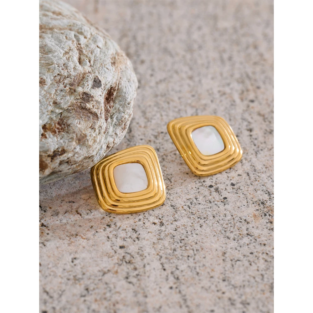 Yhpup Stainless Steel Shell Square Stud Earrings