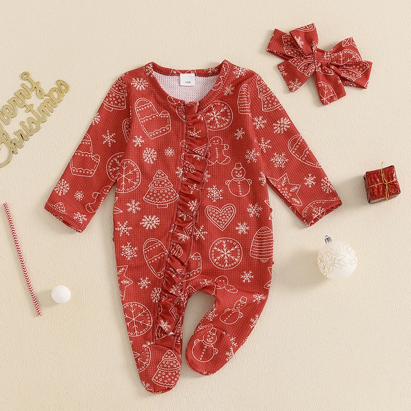 Baby Girls Christmas Jumpsuit Long Sleeve Gingerbread Man Snowman Candy Cane Print Romper with Headband