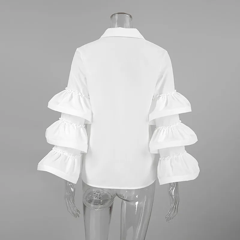 KBQ Solid Patchwork Ruffles Chic Blouse For Women Lapel Butterfly Sleeve Spliced Single Breasted Shirts Female Fashion Clothing