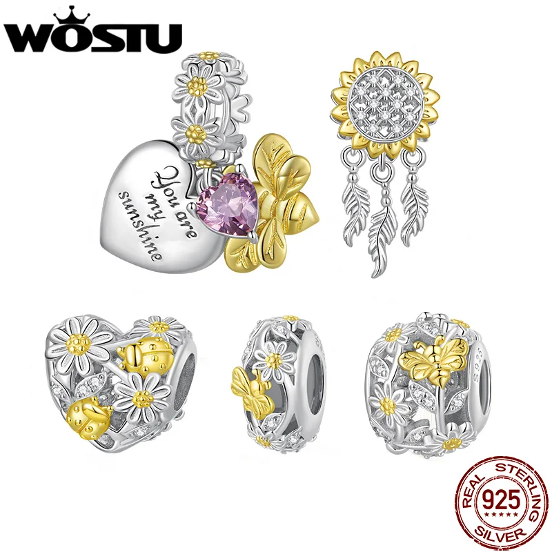 

WOSTU 925 Sterling Silver Daisy & Bee Charms Bead Double-color Yellow Gold Cystal Pendant Fit Original Bracelet Bangle DIY Gift