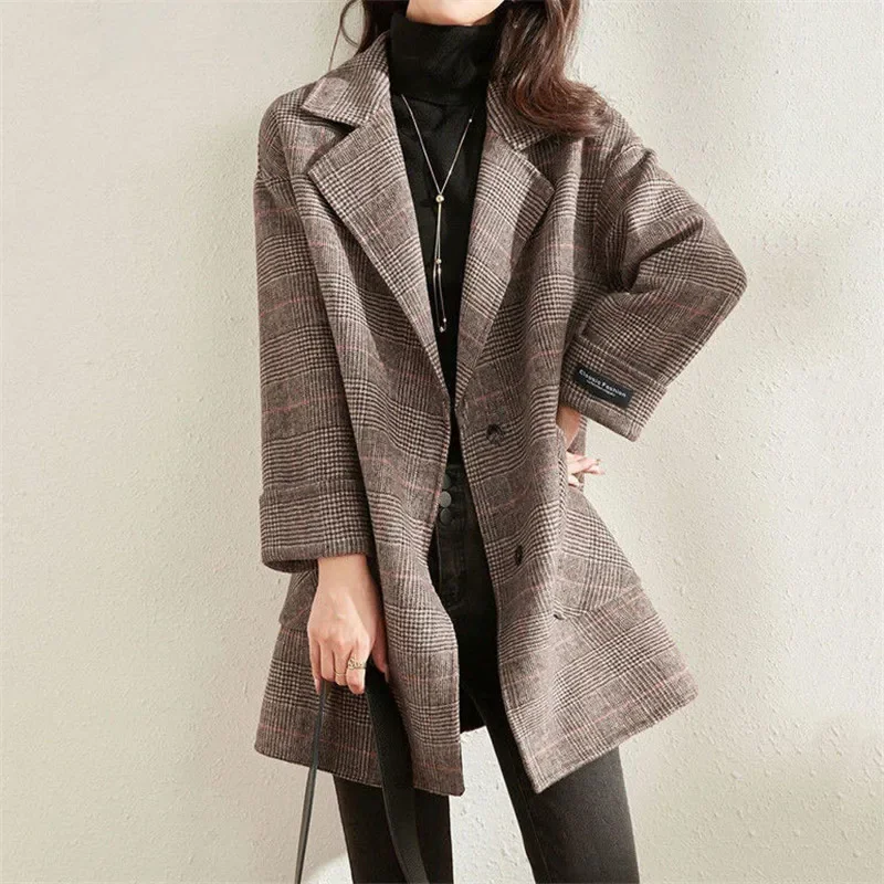 Checker Design Coat Jacket for Women Big Pocket Cashmere Warm Women's Autumn Jacket Fashion Casual Turn-down Collar Tweed Coat