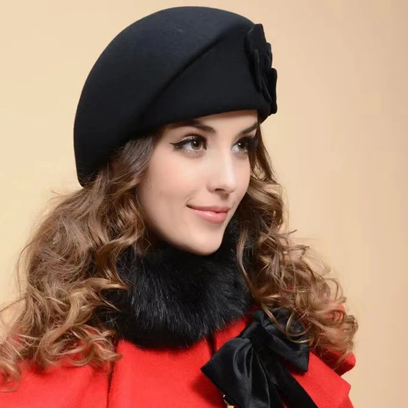 2022 100% Wool Beret Winter Berets Women Winter Felt Beret Floral