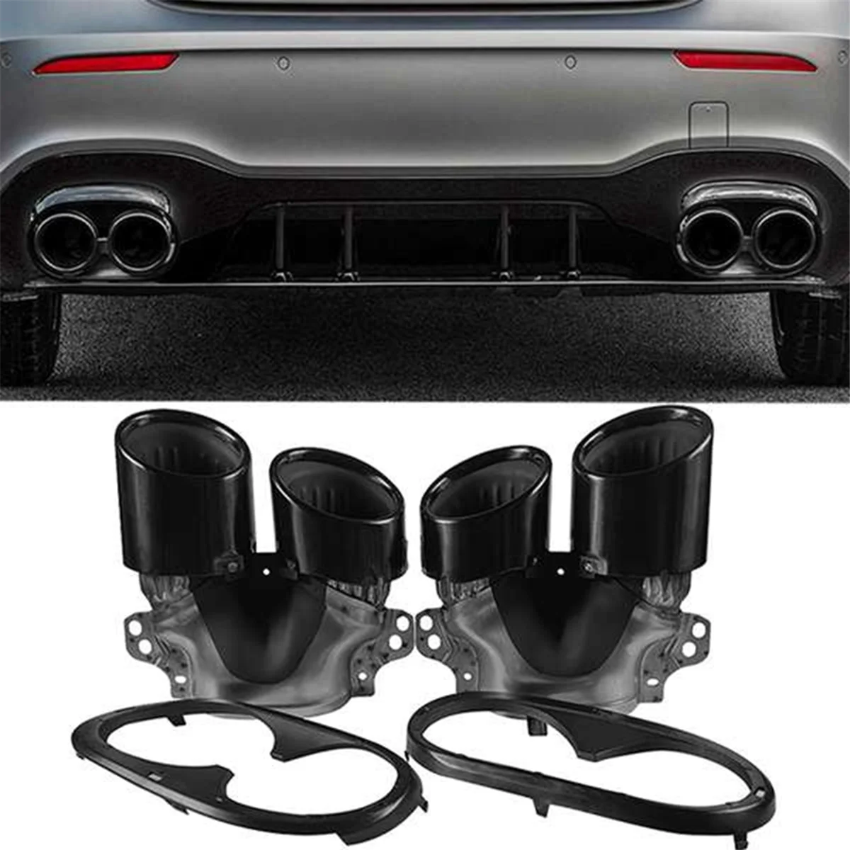 Car Rear Bumper Turbo Muffler Exhaust Tips Pipe 4 Exits for W177 A35 + Tail Pipes Trim Frame