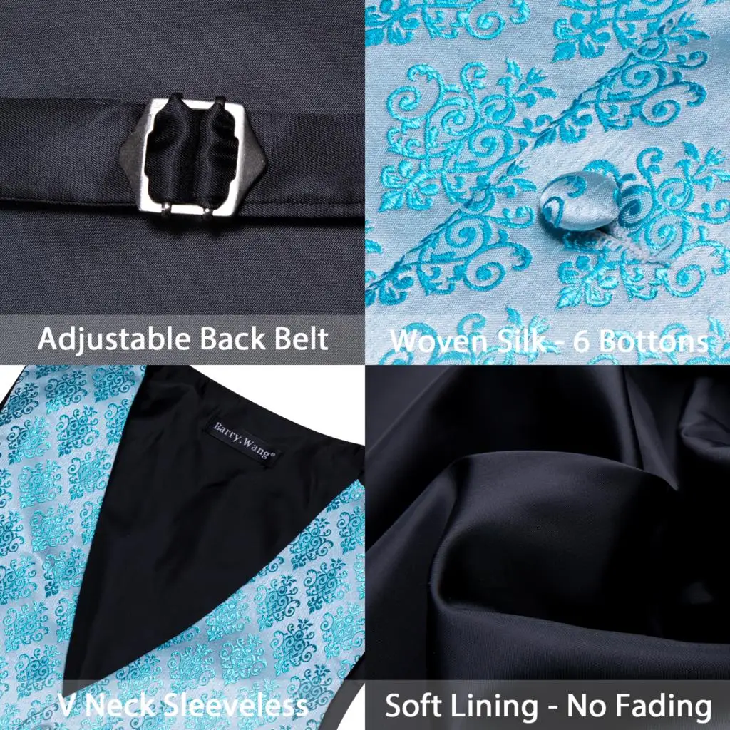 Elegant Vest for Men Waistcoat Tie Set Silk Blue Silver Wedding Groom Formal Male Dress Suits Man Gilet Sleeveless Barry Wang