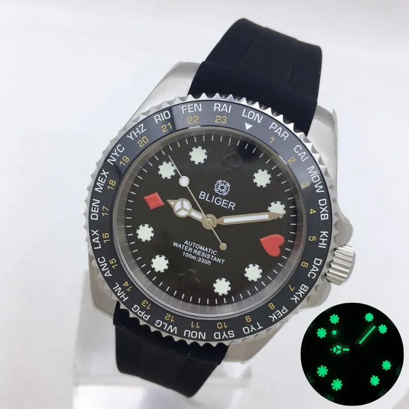 

Механические часы BLIGER NH35A 40 мм, новый дизайн для мужских фигурок в покере, светящийся циферблат, керамический Безель, сапфировый кристалл, ремешок для ruber