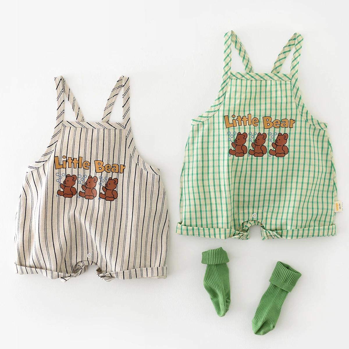 

2023 Summer Baby Overalls Toddler Boys Cotton Bear Print Striped Jumpsuit Sleeveless Infant Girls Plaid Romper Newborn Outfit