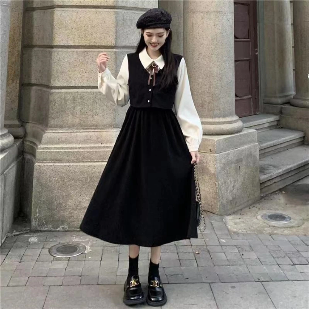 

2023 Fashion Autumn Winter Women Preppy Style Elegant Turn-down Collar A Line with Bow Calf-Length Fake Two Pieces Set Dress