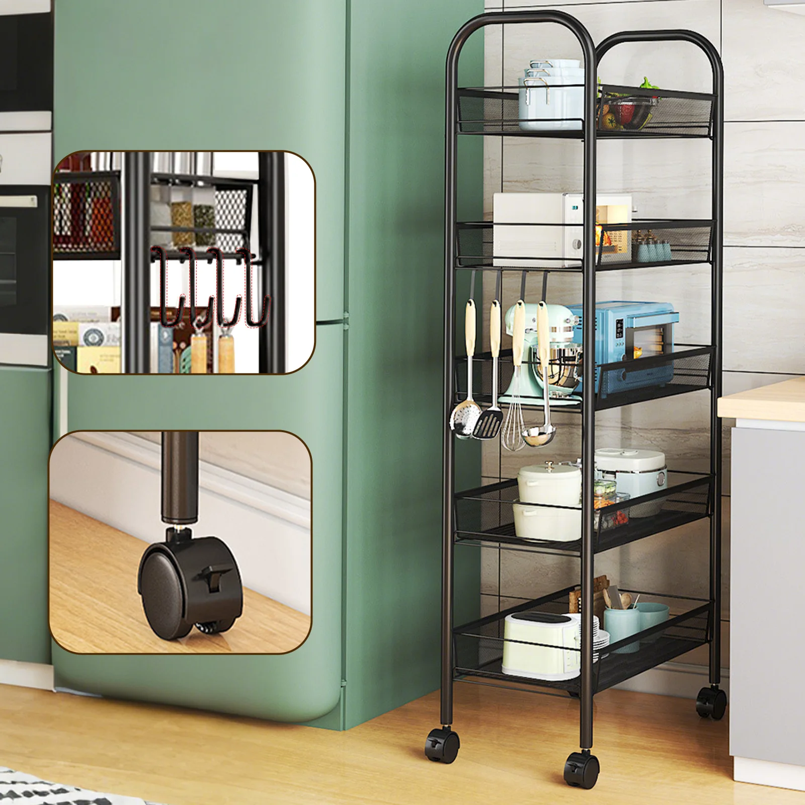 5-Tier Kitchen Storage Carts Carbon Steel Storage Trolley with 4 Hooks Rolling Utility Cart Storage Rack Shelves for Home Office